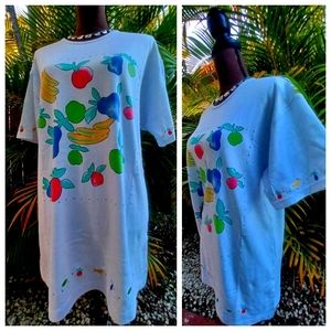 VINTAGE Koret Francisca Embroidered Fruits Scoop Neck Shirt Top Blouse EUC